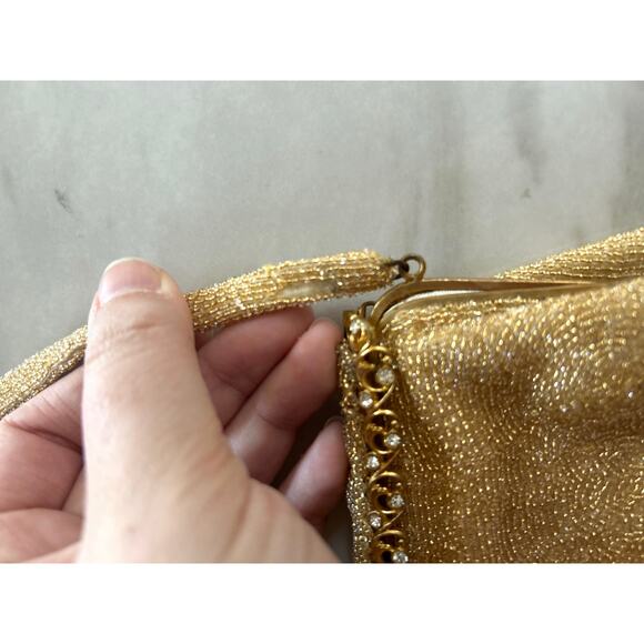 Le Goût du Jour Gold Beaded Swirl Rhinestone Filigree 50s Wrist Bag - Picture 2 of 10